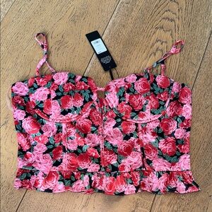 Fashion Nova Rose-Print Bustier Crop Top in Pink and Red